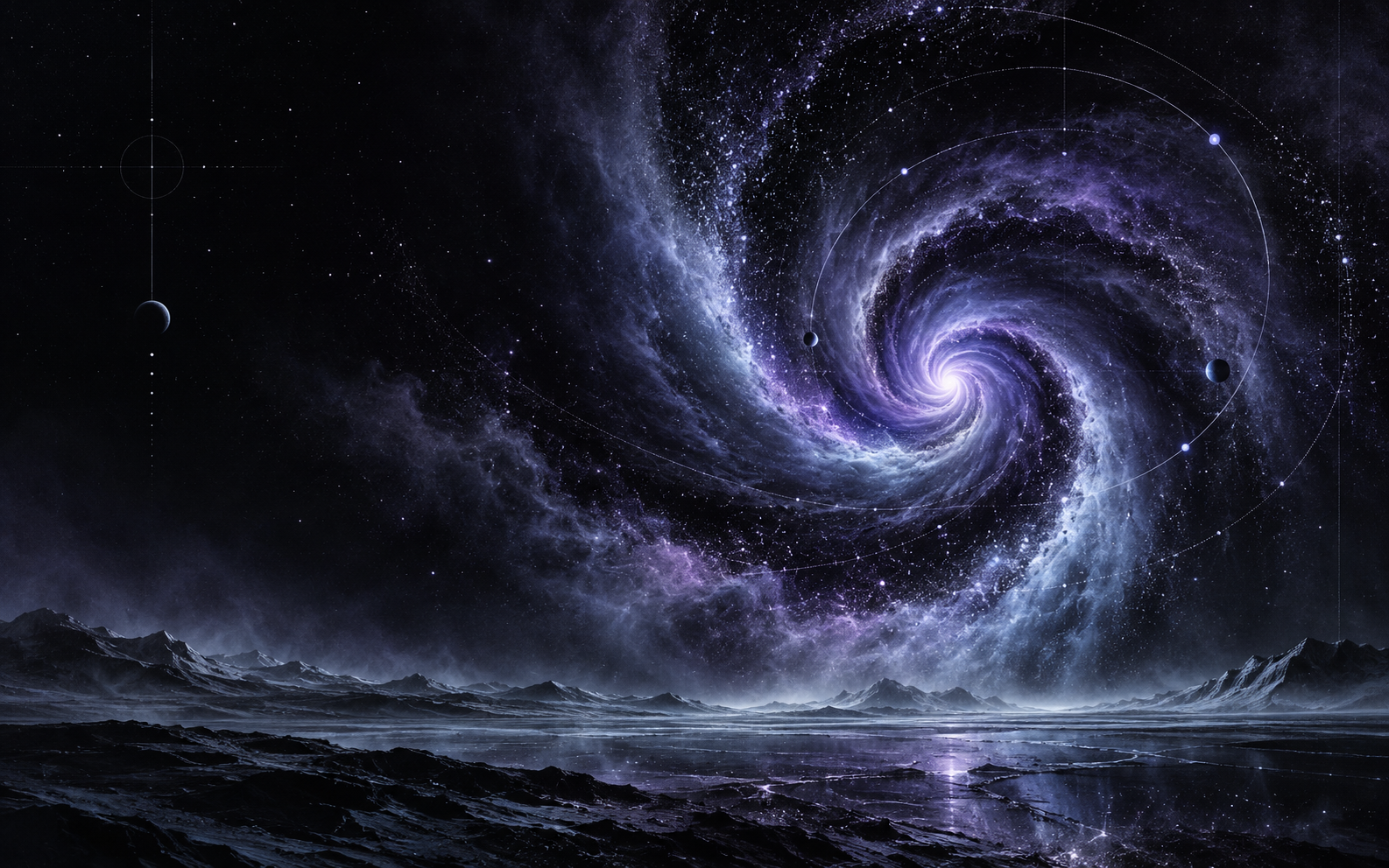 A violet and icy blue cosmic spiral above a dark horizon